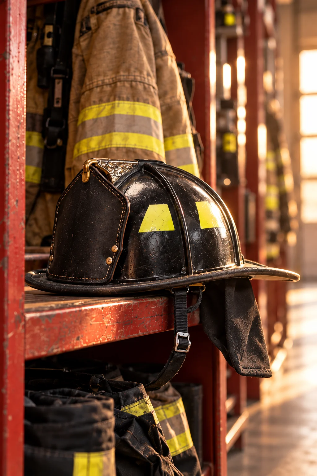 Generated scene of a traditional black fire helmet on a wooden shelf beside a tan turnout coat in a quiet station gear room
